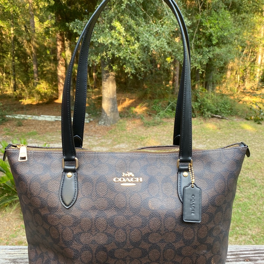 Coach Signature Brown and Black Tote - Picture 2 of 7